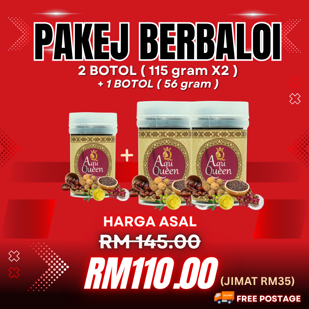 PAKEJ BERBALOI AQU QUEEN 2 BOTOL (115 GRAM X2) + 1 BOTOL (56 GRAM)