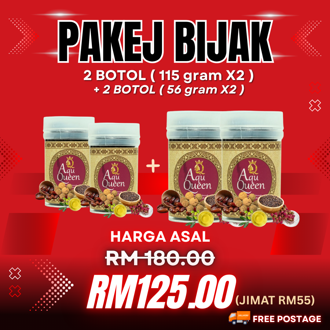 PAKEJ BIJAK AQU QUEEN 2 BOTOL (115 GRAM) + 2 BOTOL ( 56 GRAM X2)